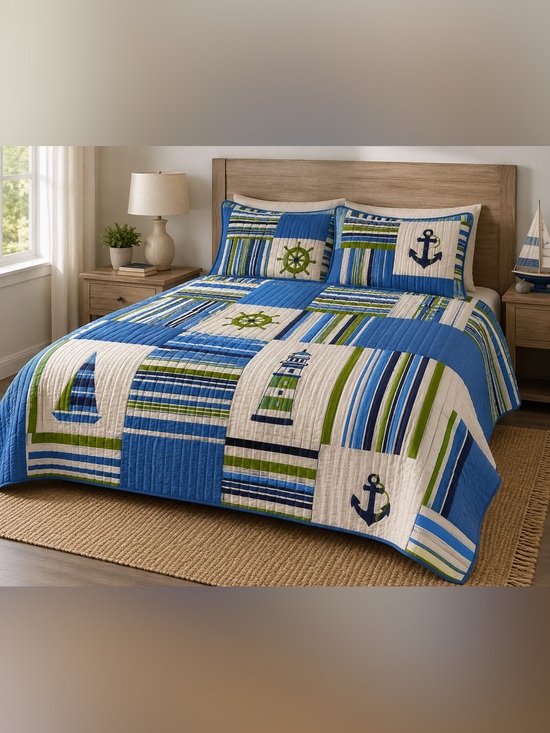 Other - Coastal Stripe PatchworkTwin 2 piece Quilt Set - Blue & Green 100% cotton